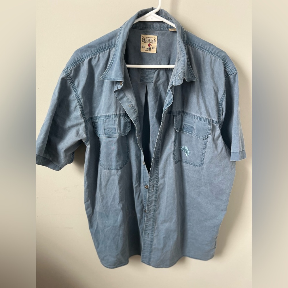 Men’s denim button down T-shirt.
